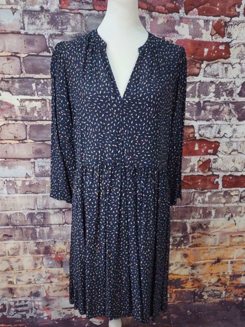 Navy Printed Long-Sleeve V-Neck Midi Dress